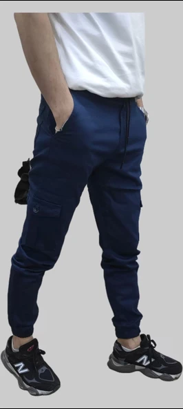 Erkek Jogger Beli ve Paçası Lastikli Keten İndigo Kargo Pantolon - 3