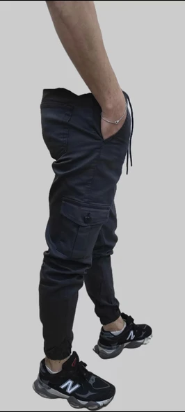 Erkek Jogger Beli ve Paçası Lastikli Keten Antrasit Kargo Pantolon - 4