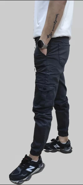 Erkek Jogger Beli ve Paçası Lastikli Keten Antrasit Kargo Pantolon - 5
