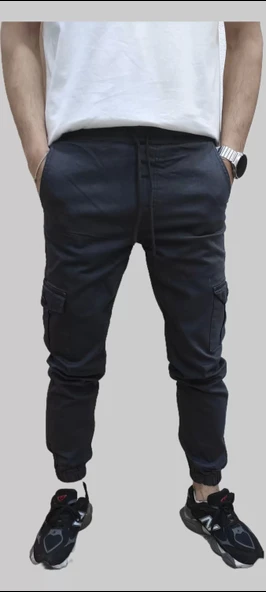 Erkek Jogger Beli ve Paçası Lastikli Keten Antrasit Kargo Pantolon