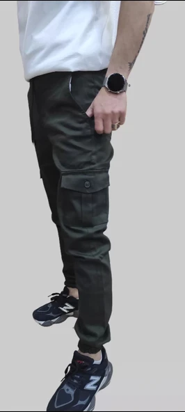 Erkek Jogger Beli ve Paçası Lastikli Keten Haki Kargo Pantolon - 2