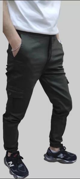 Erkek Jogger Beli ve Paçası Lastikli Keten Haki Kargo Pantolon - 3