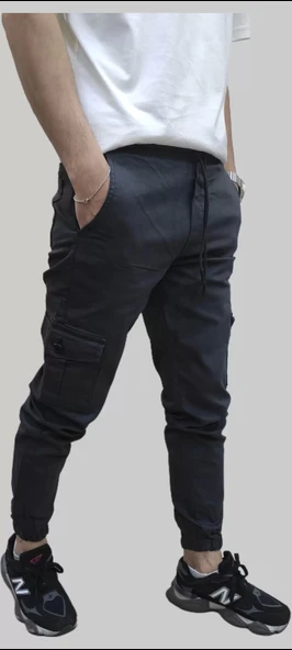 Erkek Jogger Beli ve Paçası Lastikli Keten Antrasit Kargo Pantolon - 7