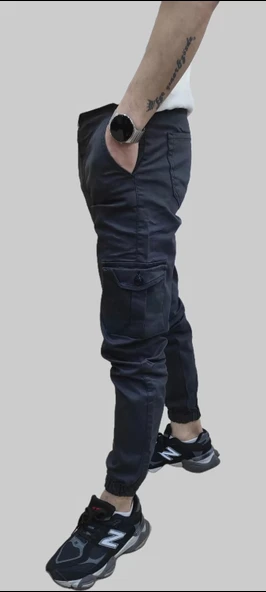 Erkek Jogger Beli ve Paçası Lastikli Keten Antrasit Kargo Pantolon - 3