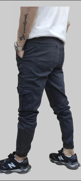Erkek Jogger Beli ve Paçası Lastikli Keten Antrasit Kargo Pantolon - 6