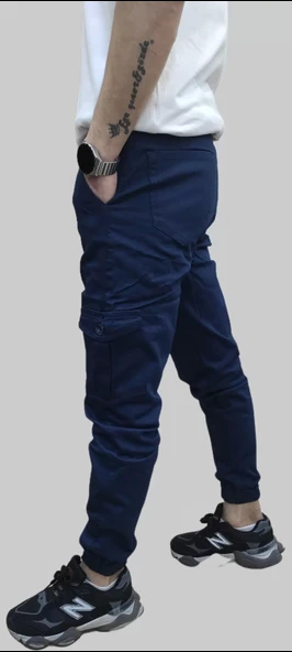 Erkek Jogger Beli ve Paçası Lastikli Keten İndigo Kargo Pantolon - 2