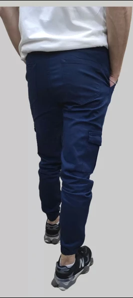 Erkek Jogger Beli ve Paçası Lastikli Keten İndigo Kargo Pantolon - 6