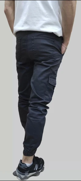 Erkek Jogger Beli ve Paçası Lastikli Keten Antrasit Kargo Pantolon - 2