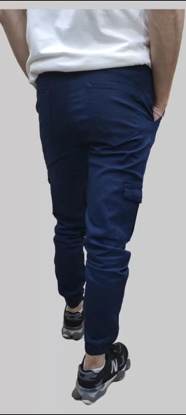 Erkek Jogger Beli ve Paçası Lastikli Keten İndigo Kargo Pantolon - 7