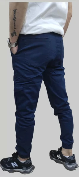 Erkek Jogger Beli ve Paçası Lastikli Keten İndigo Kargo Pantolon - 8