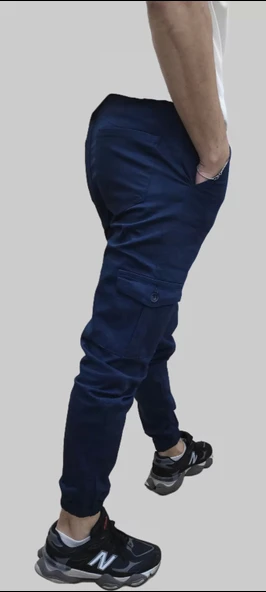 Erkek Jogger Beli ve Paçası Lastikli Keten İndigo Kargo Pantolon - 5