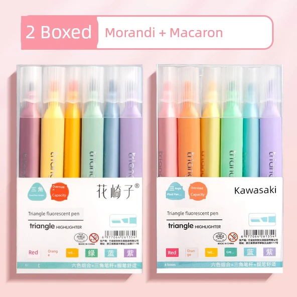 Üçgen Kalem Tutucu Flüoresan Marker Seti - 6 Morandi + 6 Macaron Renk (Toplam 12)