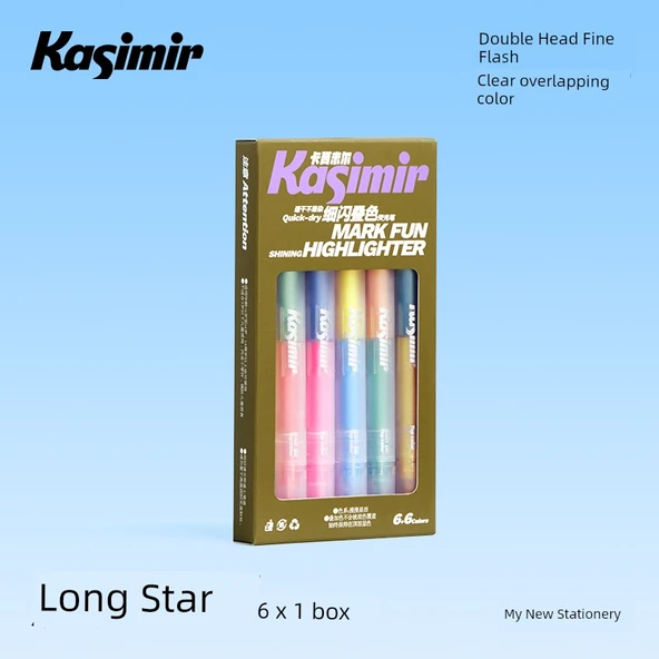 Çift Uçlu Parlak Flüoresan Kalem - Uzun Yıldızlar - 12 Renk - 1