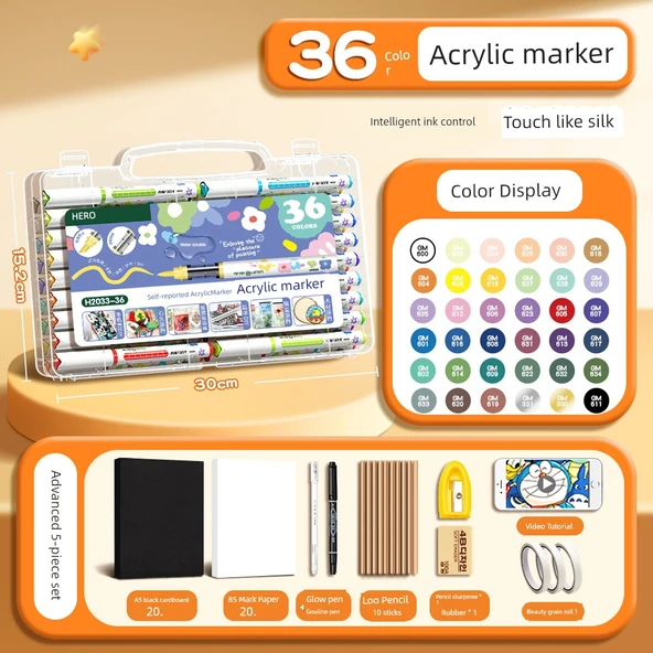 Akrilik Marker Kalem Seti - 36 Renk - 53 Parça Set - Akıllı Mürekkep Kontrolü