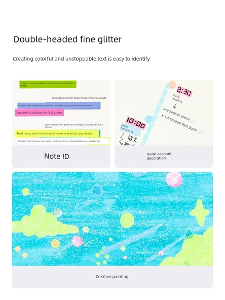 Çift Uçlu Parlak Flüoresan Kalem - Uzun Yıldızlar - 12 Renk - 5