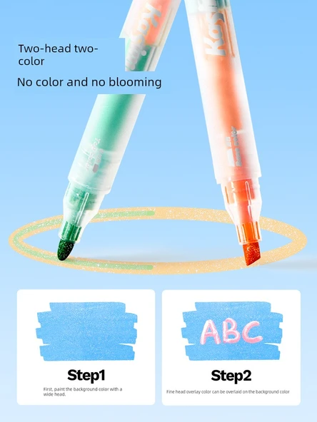 Çift Uçlu Parlak Flüoresan Kalem - Uzun Yıldızlar - 12 Renk - 3