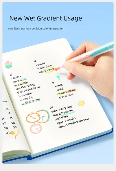 Çift Uçlu Parlak Flüoresan Kalem - Uzun Yıldızlar - 12 Renk - 10