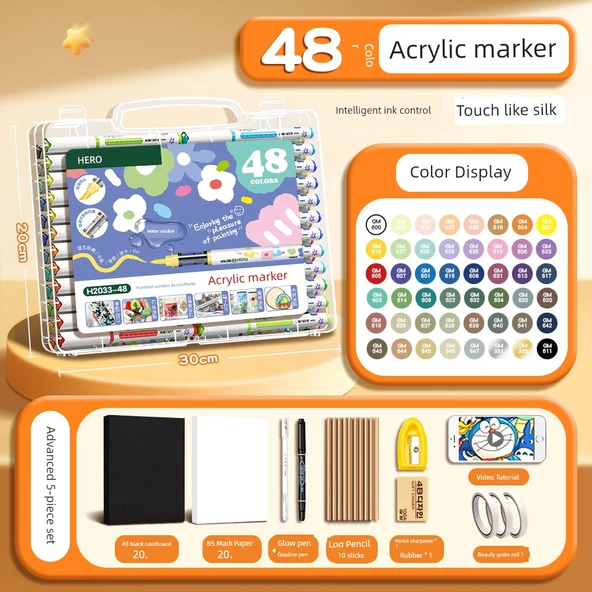 Akrilik Marker Kalem Seti - 48 Renk - 53 Parça Set - Akıllı Mürekkep Kontrolü