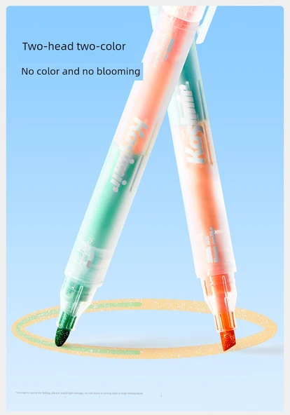 Çift Uçlu Parlak Flüoresan Kalem - Uzun Yıldızlar - 12 Renk - 8