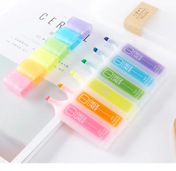 Şeker Renkli Obje Uçlu Vurgulayıcı Kalem Seti - Sarı + Yeşil + Mor + Turuncu 4'lü - 6