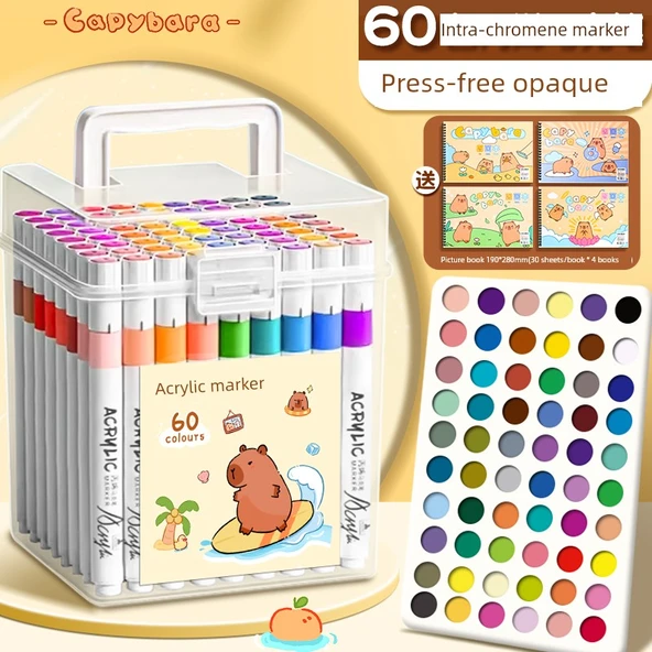 Çocuklar için Yıkanabilir Akrilik Marker Seti - 60 Renk Marker + 4 Resim Kitabı