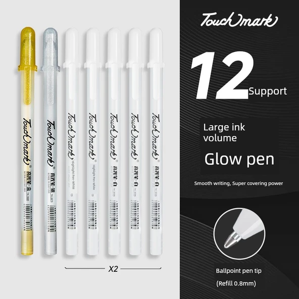 Karışık Renk Vurgulayıcı Kalem Seti - 0.8mm - 12 Paket (10 Beyaz, 1 Altın, 1 Gümüş)