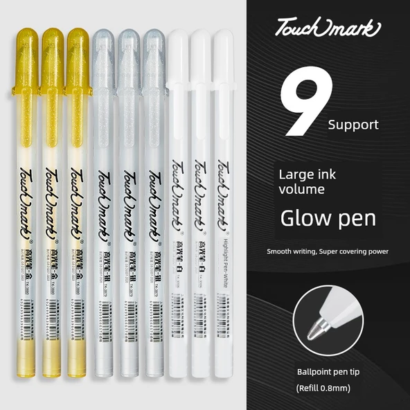 Karışık Renk Vurgulayıcı Kalem Seti - 0.8mm - 9 Paket (3 Beyaz, 3 Altın, 3 Gümüş)