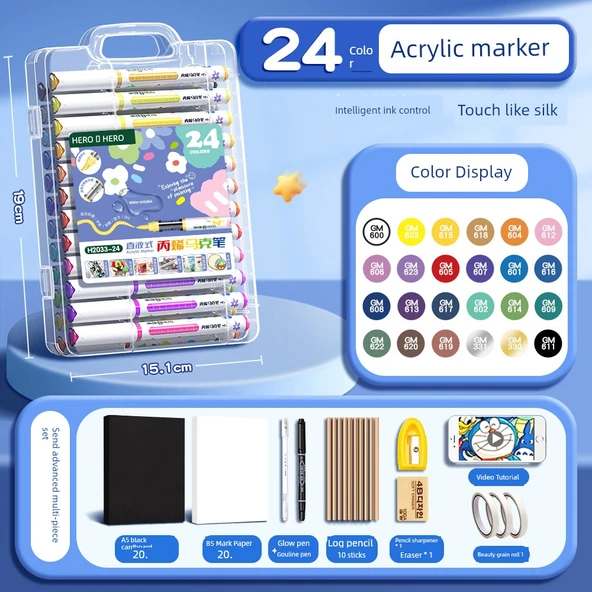 Akrilik Kalem Seti - 24 Renk - Akıllı Mürekkep Kontrolü - Artırılmış Mürekkep Hacmi (53 Parça Set)