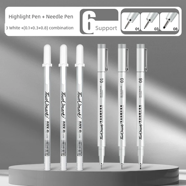 Beyaz Vurgulayıcı Kalem Seti İğne Kalemler ile - 0.8mm - 3 Paket - 1