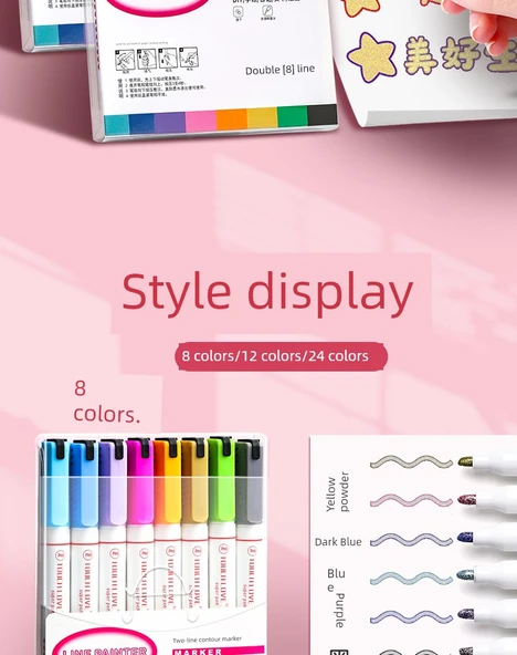 Çift Hat Çizim Kalemleri - 2 Kutuda/18 Paket (12 Renk + 6 Desen) - 8