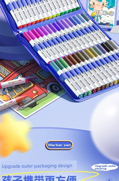 Çocuklar İçin Su Bazlı Akrilik Kalem Seti - 60 Renk Mavi Astronot - 53 Parça ve Kozmetik Çantası - 7