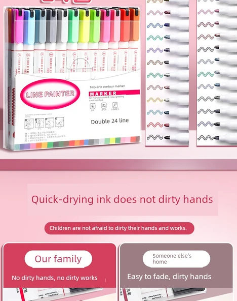 Çift Hat Çizim Kalemleri - 2 Kutuda/18 Paket (12 Renk + 6 Desen) - 10