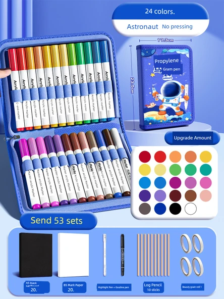 Çocuklar İçin Su Bazlı Akrilik Kalem Seti - 24 Renk Mavi Astronot - 53 Parça ve Kozmetik Çantası - 1