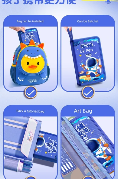 Çocuklar İçin Su Bazlı Akrilik Kalem Seti - 60 Renk Mavi Astronot - 53 Parça ve Kozmetik Çantası - 8