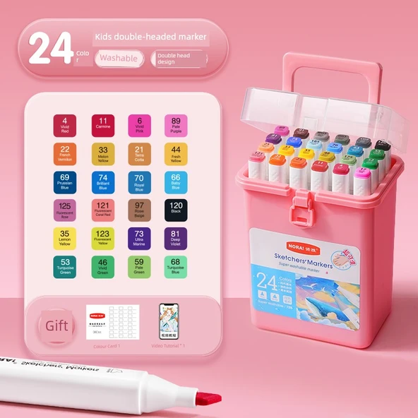 Çift Uçlu Sulu Boya Kalemi Seti - 24 Renk Pembe Silindirik - 1