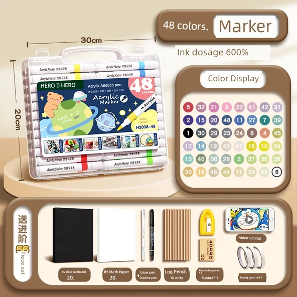 Akrilik Marker Kalemler - 48 Renk - Gelişmiş Set/56 Parça - Basma Gerektirmeyen - 1