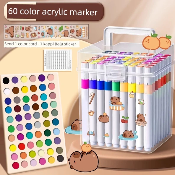 Akrilik Marker Kalem Seti - 60 Renk Kart Pibala - Gelişmiş Depolama Kutusu - Resim 1