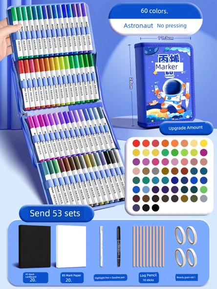 Çocuklar İçin Su Bazlı Akrilik Kalem Seti - 60 Renk Mavi Astronot - 53 Parça ve Kozmetik Çantası - 1