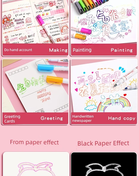 Çift Hat Çizim Kalemleri - 2 Kutuda/18 Paket (12 Renk + 6 Desen) - 12