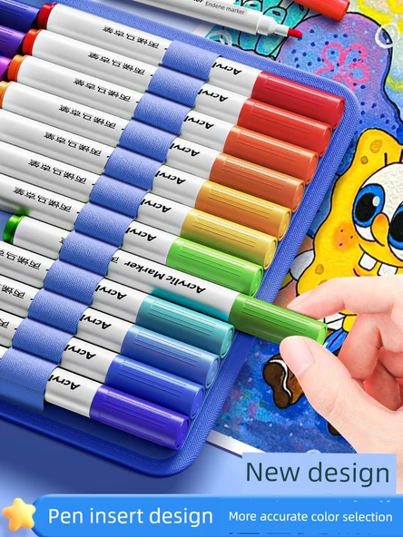 Çocuklar İçin Su Bazlı Akrilik Kalem Seti - 24 Renk Mavi Astronot - 53 Parça ve Kozmetik Çantası - 2