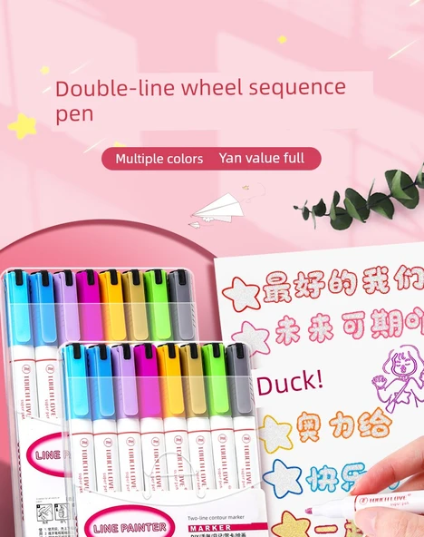 Çift Hat Çizim Kalemleri - 2 Kutuda/18 Paket (12 Renk + 6 Desen) - 7