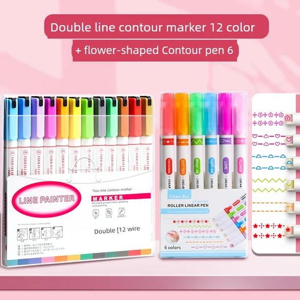 Çift Hat Çizim Kalemleri - 2 Kutuda/18 Paket (12 Renk + 6 Desen)
