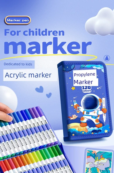 Çocuklar İçin Su Bazlı Akrilik Kalem Seti - 24 Renk Mavi Astronot - 53 Parça ve Kozmetik Çantası - 6