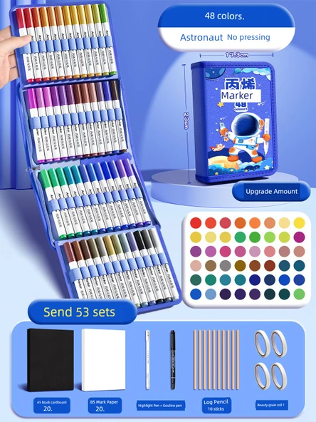 Çocuklar İçin Su Bazlı Akrilik Kalem Seti - 48 Renk Mavi Astronot - 53 Parça ve Kozmetik Çantası - 1