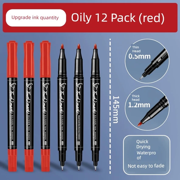 Çift Uçlu Sanat Marker Kalemi - Yağlı Kırmızı 12 (1 Kutu) - 1