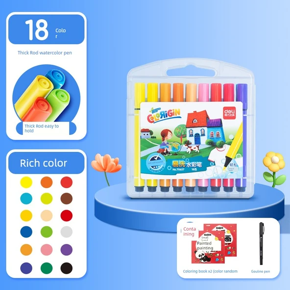 Sulu Boya Kalemleri - 18 Renk - Kalın Sap - 2 Boyama Kitabı ve Gouline Kalem ile - 1