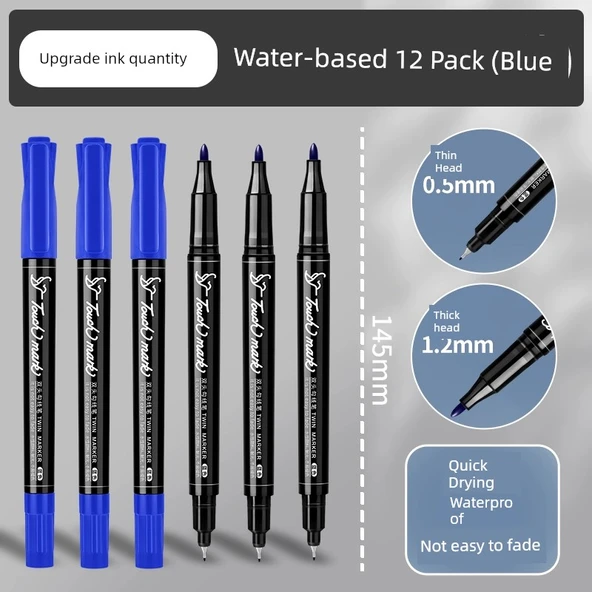 Çift Uçlu Sanat Gouline Kalemi - Su Bazlı Mavi 12 - 1