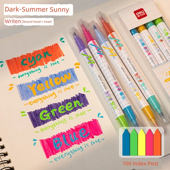 Fluoresan Kalem Seti - Yaz Güneşli [4 Renk] Koyu + 100 İndeks Postası - Resim 1