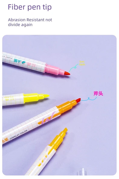 Çift Uçlu Anti-Blooming Flüoresan Marker Kalemi - Büyük Düz Çubuk - Yarım Sarı + Sis Moru + Bahar Sabahı Yeşili + Çiçek Dalları Kırmızı + Yuqin Sarısı + Yunshan Mavisi - 6 Adet - 10
