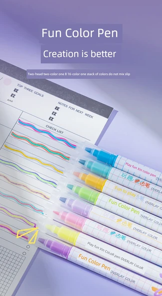 Çift Uçlu Anti-Blooming Flüoresan Marker Kalemi - Tam Renk Seti - 8 Adet - 7